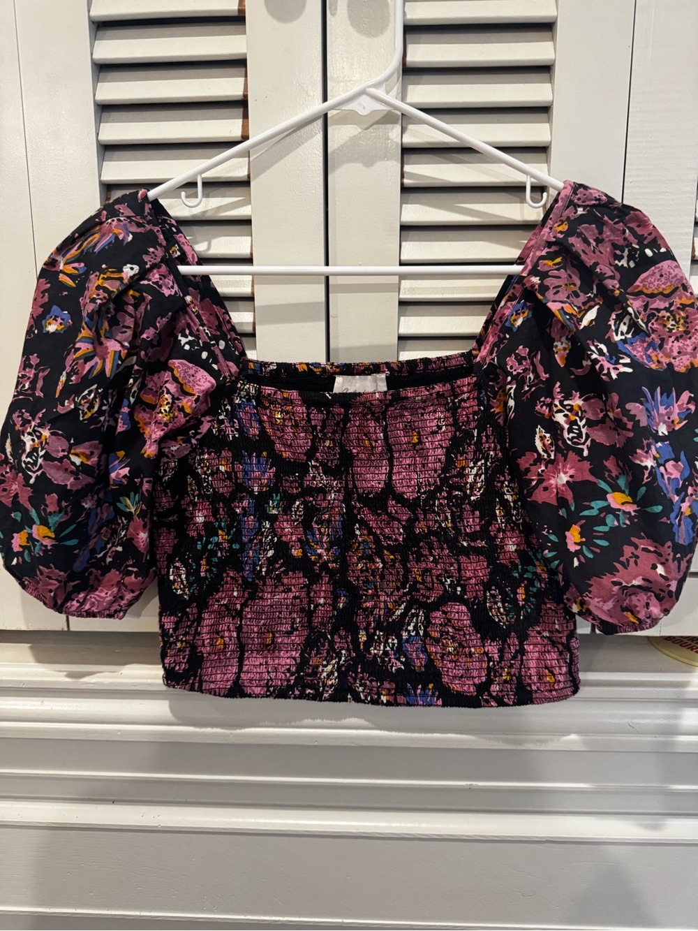 Cleobella Black and Purple Floral Puff-Sleeve Smocked Crop Top